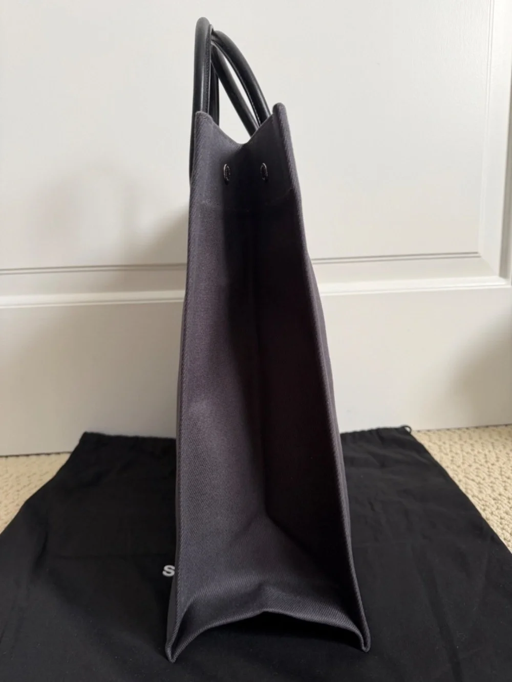 Saint Laurent YSL Rive Gauche Gray Canvas Logo Black Leather Tote Bag - Picture 10 of 16